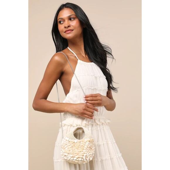 NWT Lulus Alaiza Cream Beaded Shell Mini Handbag w/Chain - Picture 4 of 4